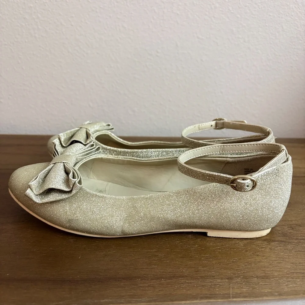 Janie and Jack Gold Glitter Ankle Strap Ballet Flats Size 2Y Sparkle Party Shoes